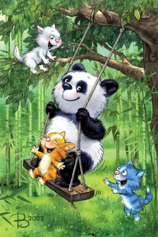 Postcard. Blue cats. Panda.