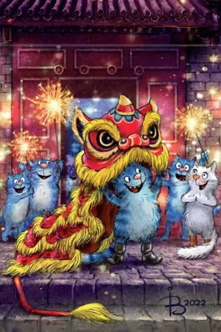 Postcard. Blue Cats. Lion Dance.
