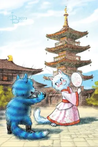 Postcard. Blue cats. Cat in a kimono.