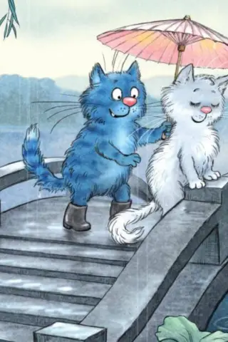 Postcard. Blue cats. Cats on the bridge.