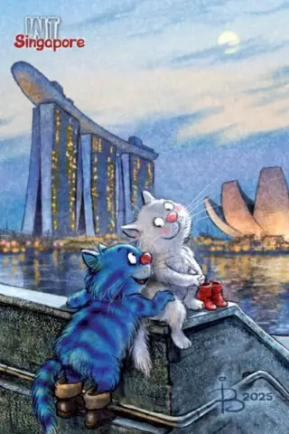 Postcard. Blue cats. Cats travel. Singapore.