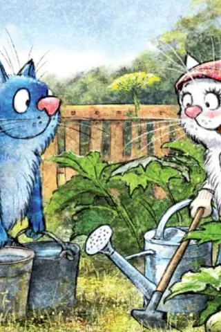 Postcard. Blue cats. Watering.