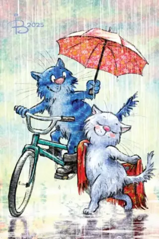 Postcard. Blue cats. Couple with an umbrella.