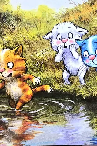 Postcard. Blue cats. Dropped a ball in the river.