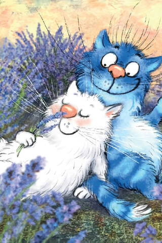 Postcard. Blue cats. Cats in lavender