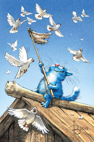 Postcard. Blue Cats. Love and Doves.