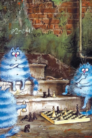 Postcard. Blue cats. Chess-playing cats.