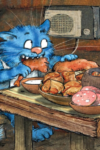 Postcard. Blue cats. Vanka listens and eats.
