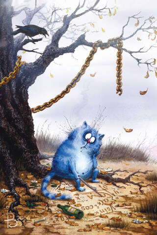 Postcard. Blue cats. A learned cat near Lukomorye.