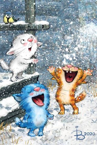 Postcard. Blue cats. Kittens' first snow.