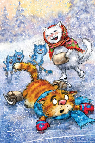 Postcard. Blue cats. Ice rink.