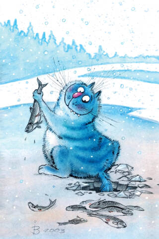 Postcard. Blue cats. Tail in the ice hole.