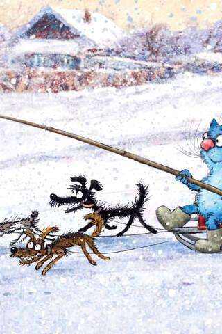 Postcard. Blue Cats. Dog Sled Delivery