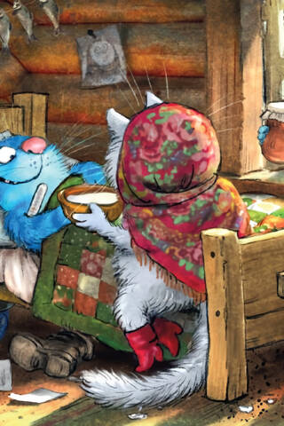 Postcard. Blue cats. The cat is sick.