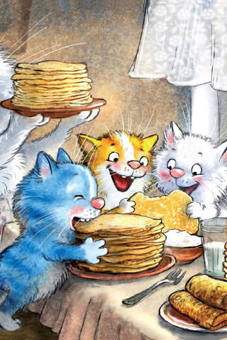 Postcard. Blue cats. Maslenitsa feast.