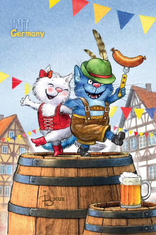 Postcard. Blue cats. Cats travel. Germany