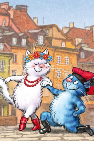 Postcard. Blue cats. Cats travel. Poland.