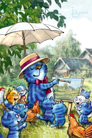 Postcard. Blue Cats. Drawing Lesson