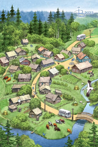 Postcard. Blue cats. Cozy village.