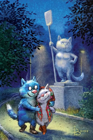 Postcard. Blue cats. Night. Street. Lantern.
