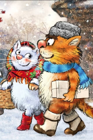 Postcard. Blue cats. Winter walk.