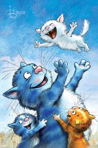 Postcard. Blue Cats. Kitten's Flight