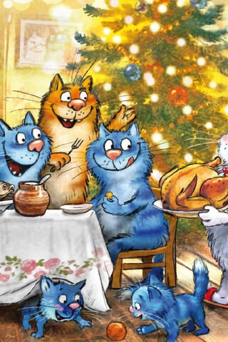 Postcard. Blue cats. New Year's feast.