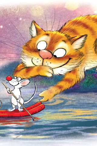 Postcard. Blue cats. Mice floating down the river.
