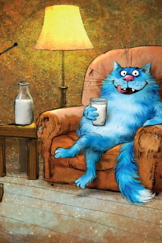 Postcard. Blue cats. With a glass of milk.