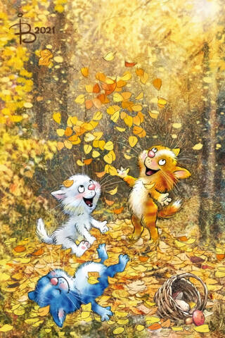 Postcard. Blue cats. Golden autumn.