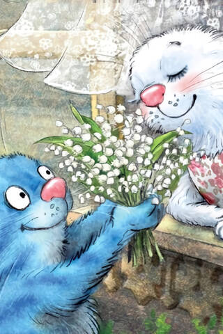 Postcard. Blue cats. Bouquet of lilies of the valley.