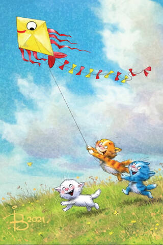 Postcard. Blue cats. Kite.
