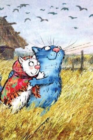 Postcard. Blue cats. The rooks have arrived.