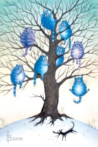 Postcard. Blue cats. Scared cats