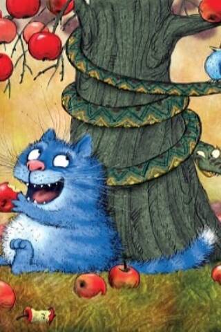 Postcard.  Blue cats. A cat in the Garden of Eden