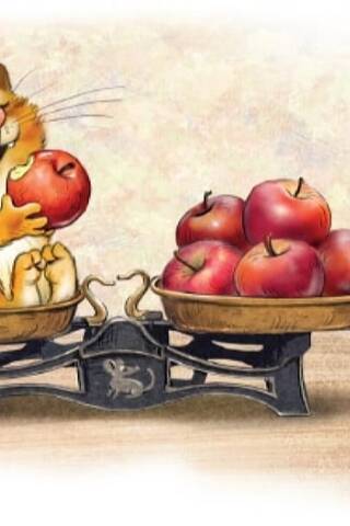 Postcard. Blue cats. Cat with apples.