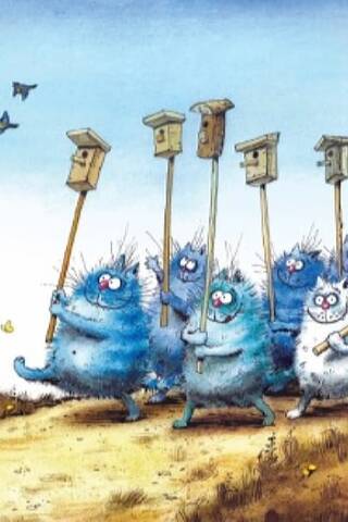 Postcard. Blue cats. Cats with birdhouses.
