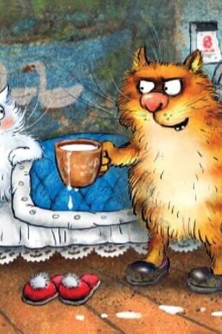 Postcard. Blue cats. Milk in bed.
