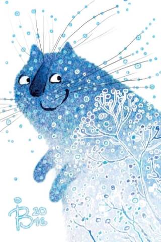 Postcard. Blue cats. Snow cat.