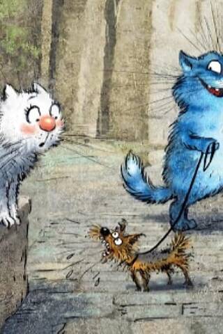 Postcard. Blue cats. Scary dog.