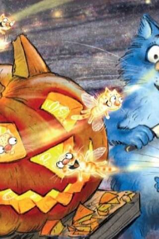Postcard. Blue cats. Pumpkin.