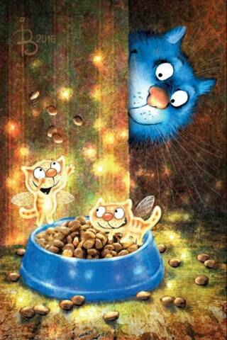 Postcard. Blue cats. Fairy feeders.