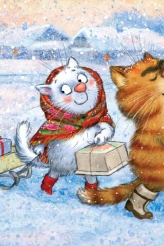 A postcard. Blue cats. Visit