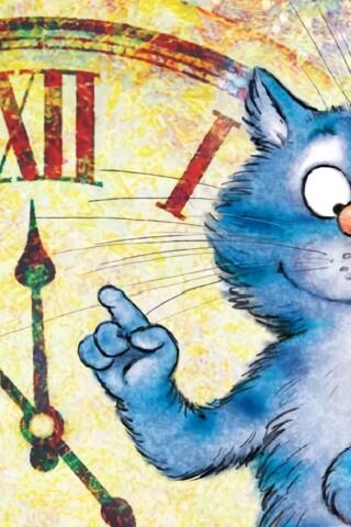 Postcard. Blue cats. New Year's clock.