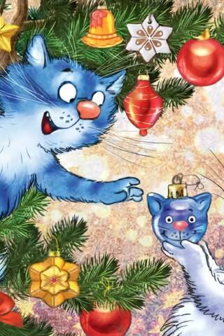 Postcard. Blue cats. New Year's tree.