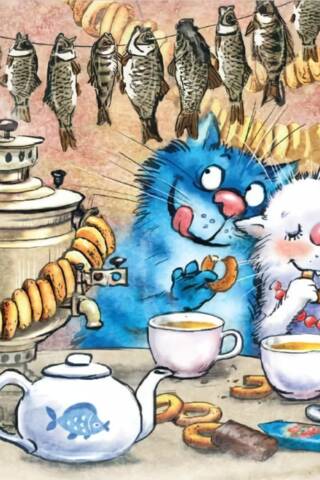 Postcard. Blue cats. At the samovar.