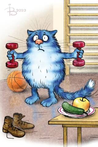 Postcard. Blue cats. Fitness.