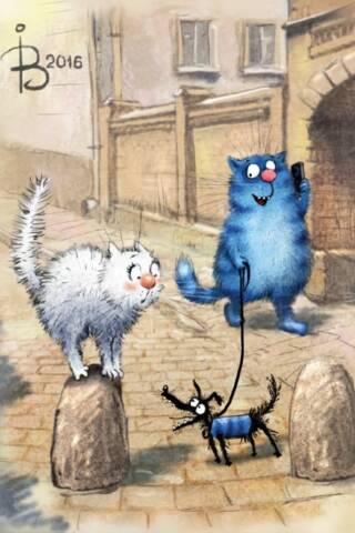 Postcard. Blue cats. She doesn't bite!