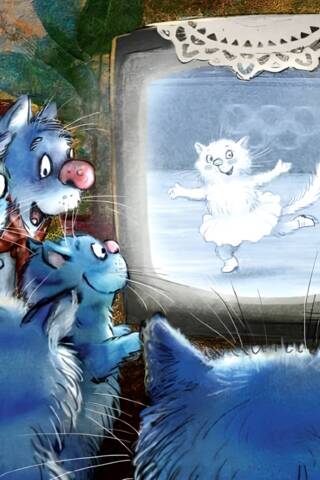 Postcard. Blue cats. Figure skating.
