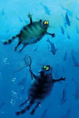 Postcard. Blue Cats. Blue Abyss.
